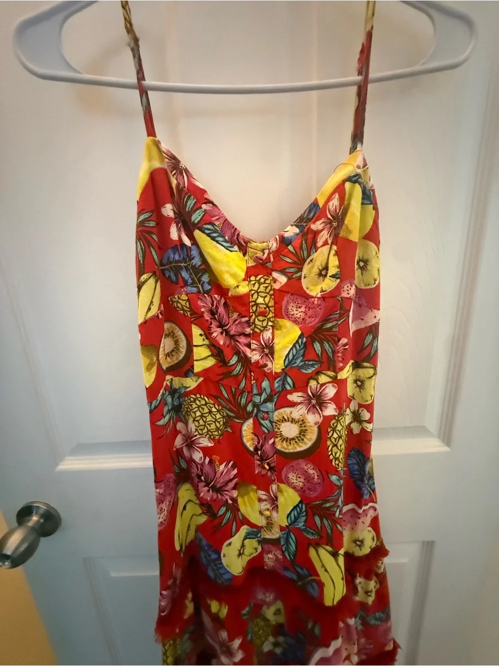 Aqua Red Tropical Fruit Tiered Maxi Dress